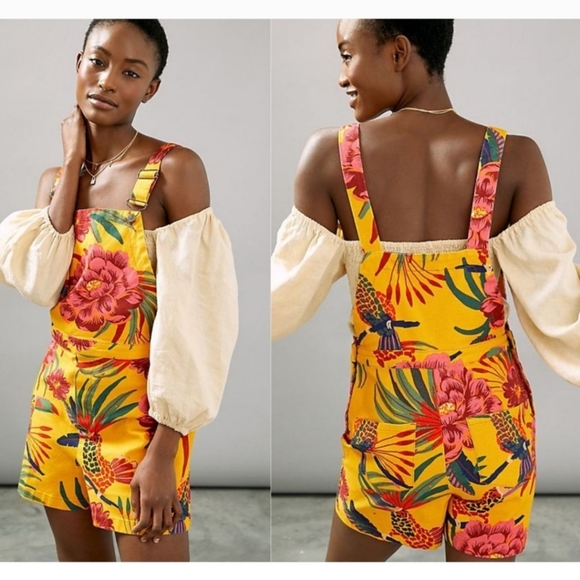 FARM Rio Denim - FARM Rio Anthropologie Sabrina Floral Boho Tropical Shorts Overalls Yell…